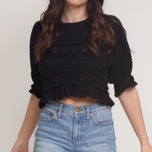 By Together Boho Cropped Jacquard Knit Puff Sleeve Sweater Top Size Small